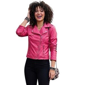 Rare Cartise Hot Pink Patent Leather Biker Jacket Shiny Moto Made in Canada